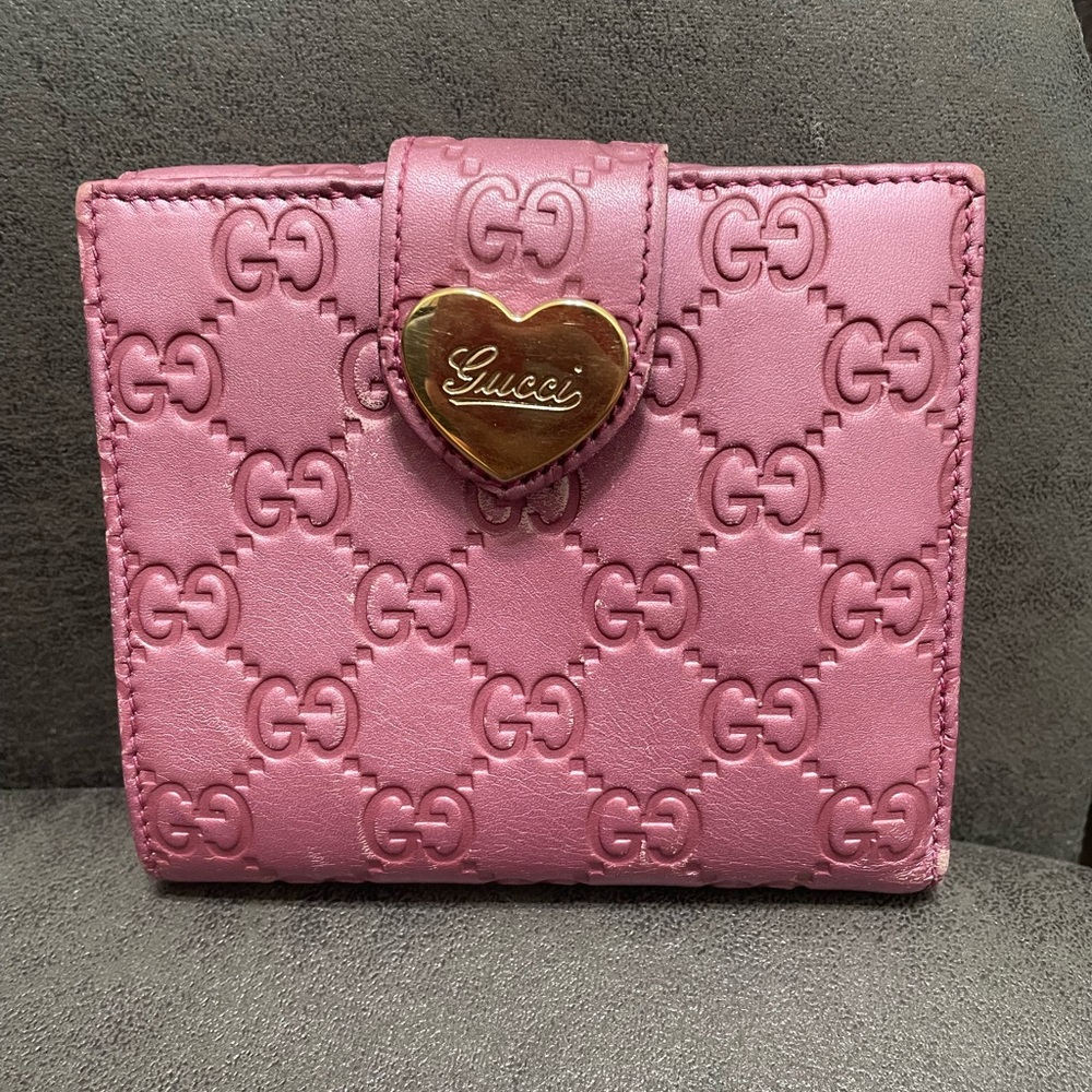 Gucci Pink Embossed GG Leather Wallet with Gold Heart Logo
